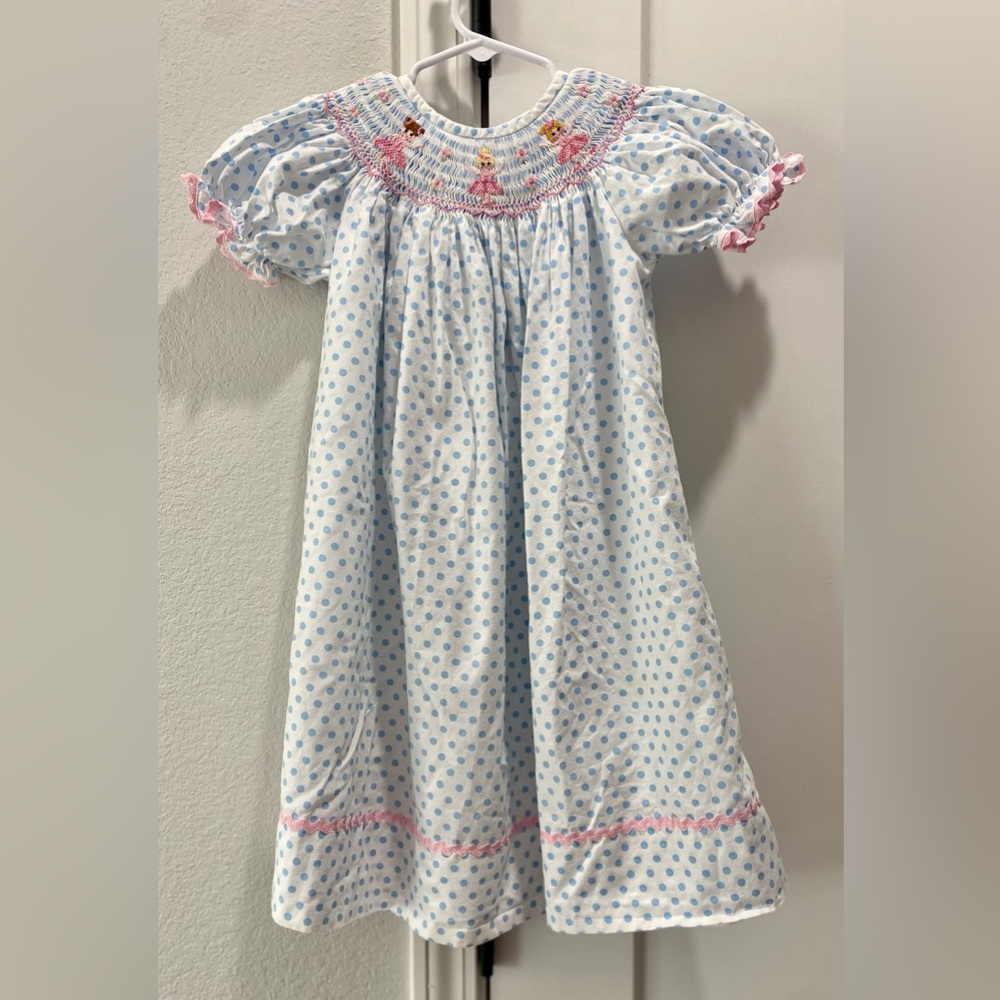 Delaney Girl’s White Blue Polka Dot Smocked Ruffle Easter Dress Pink Dancers 4T